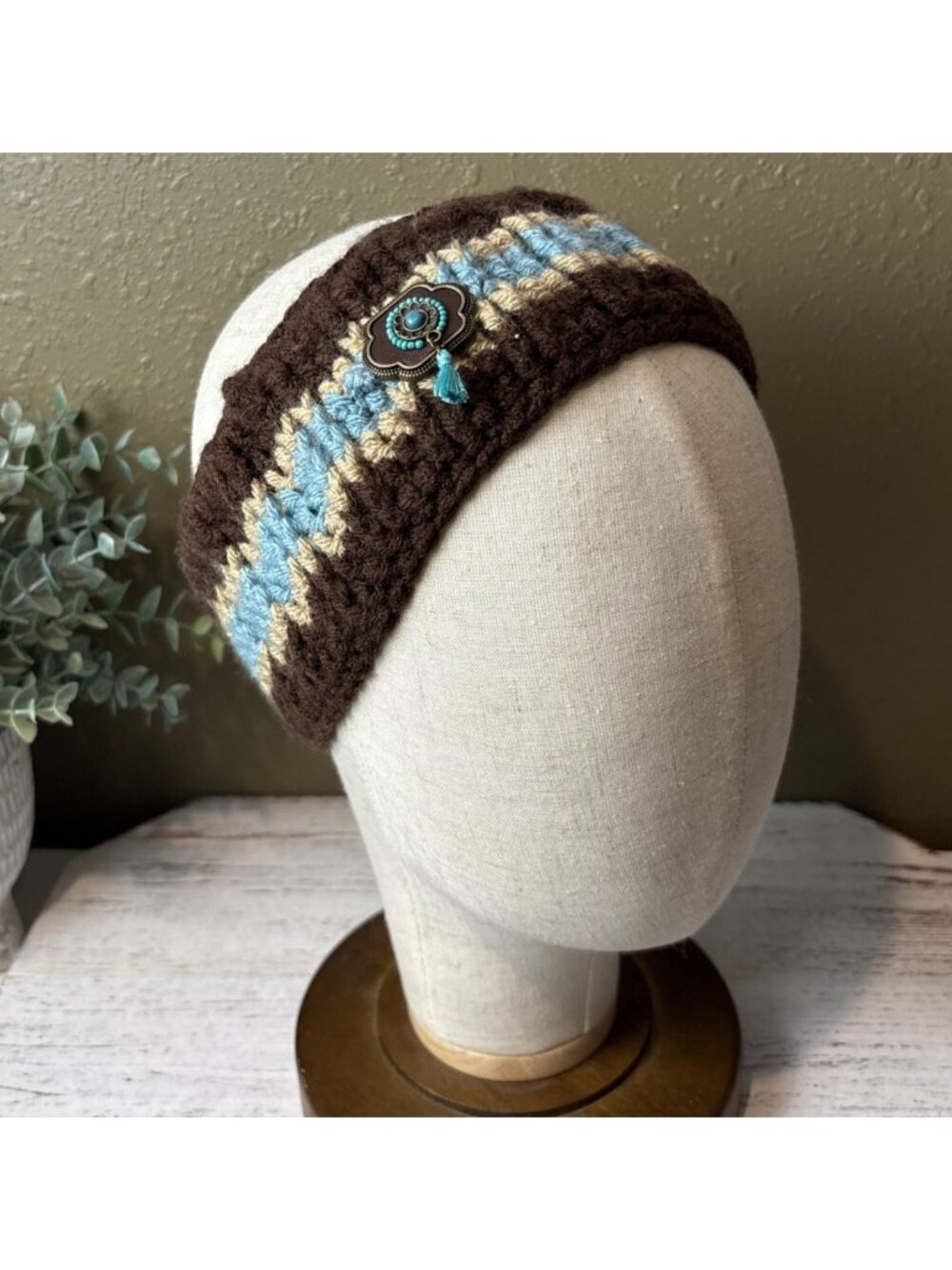 Knitted Handmade Crochet Headband W/button Boho Brown, Blue, Tan